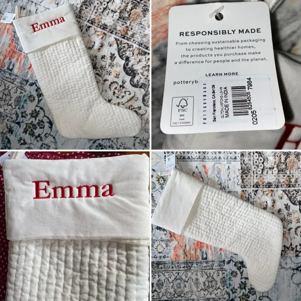New Pottery Barn Ivory w RED “EMMA” Embroidery Large Channel Quilted Stocking